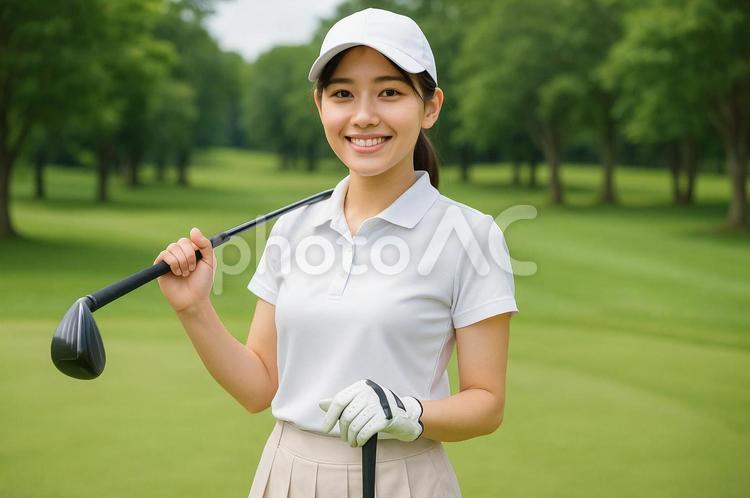 ゴルフコースでポーズをとる若い女性 女性,ゴルファー,ゴルフクラブの写真素材
