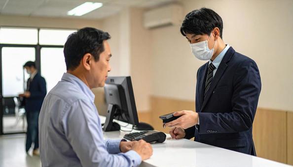 病院の会計窓口で会計をする男性患者 病院の会計窓口で会計をする男性患者の写真