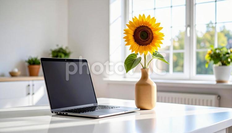 在宅ワーク　ノートPC　花瓶にひまわり 在宅ワーク,ひまわり,ノートpcの写真素材