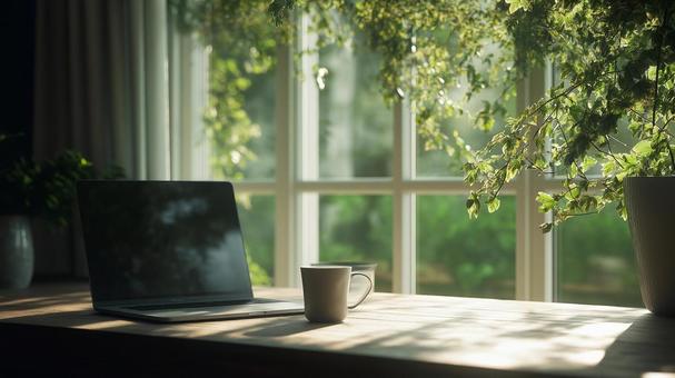 Working on a computer behind a green curtain, landscape, copy space, laptop, JPG