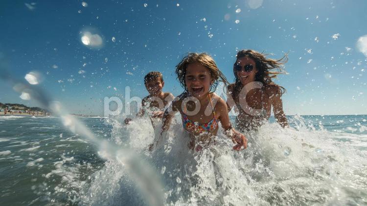 海で遊ぶ笑顔の家族 海,波,水の写真素材