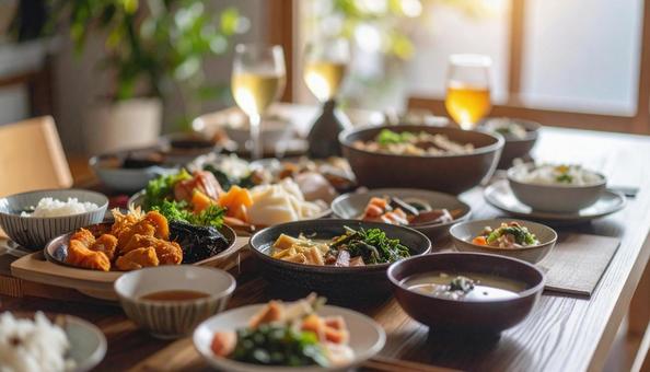 朝の光が差し込む和食の食卓 朝の光が差し込む和食の食卓の写真