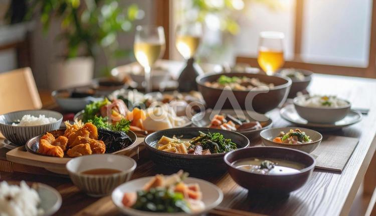 朝の光が差し込む和食の食卓 お正月,お祝い,家族団らんの写真素材