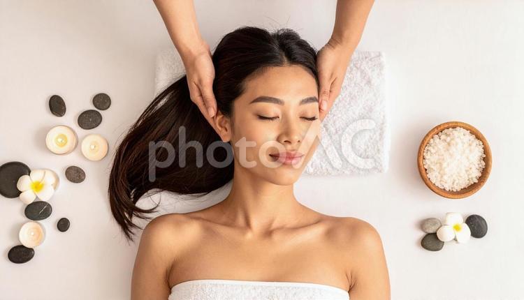 エステサロンでマッサージを受ける女性 ヘッドスパ,ボディマッサージ,サロンの写真素材
