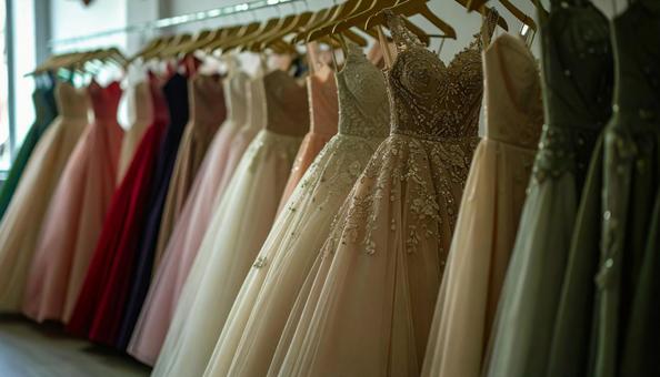 レンタルドレス屋にかかるたくさんのドレス レンタルドレス屋にかかるたくさんのドレスの写真