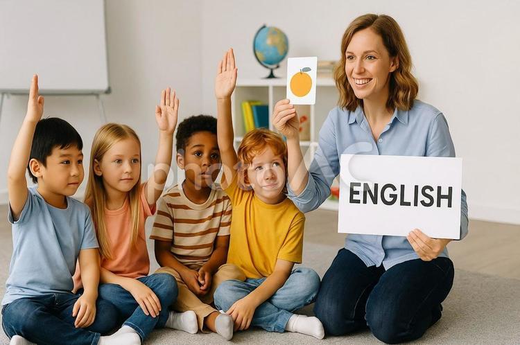 英会話教室で学ぶ小さな子供たち・子供英語 英会話,子供英語,教室の写真素材