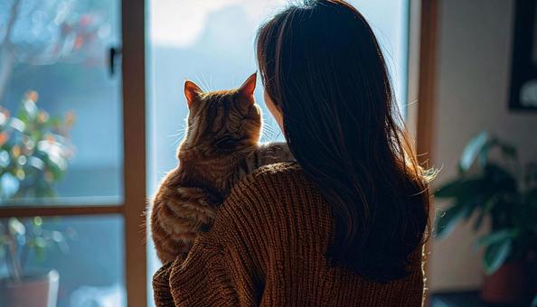 室内でネコを抱いて窓から景色を眺める女性 室内でネコを抱いて窓から景色を眺める女性の写真