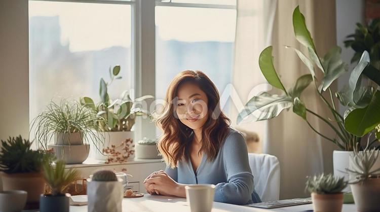 デスクワークを頑張る女性 女性,デスクワーク,グリーンの写真素材