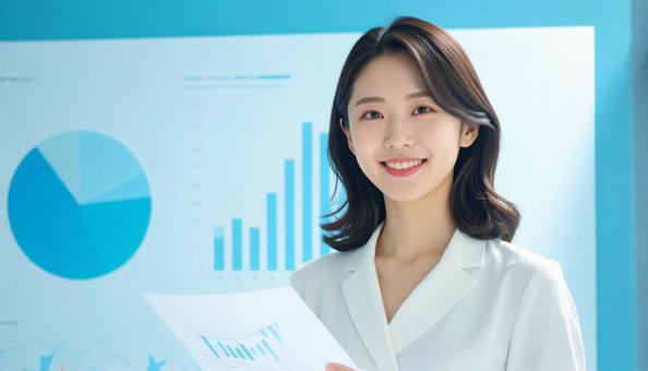 グラフの前に立つ日本人女性会社員 グラフの前に立つ日本人女性会社員の写真
