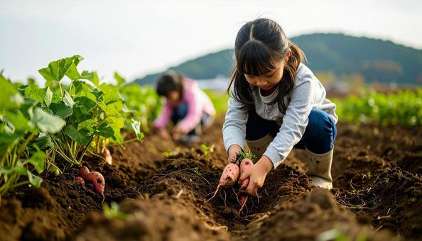 芋掘りする子供 芋掘りする子供の写真