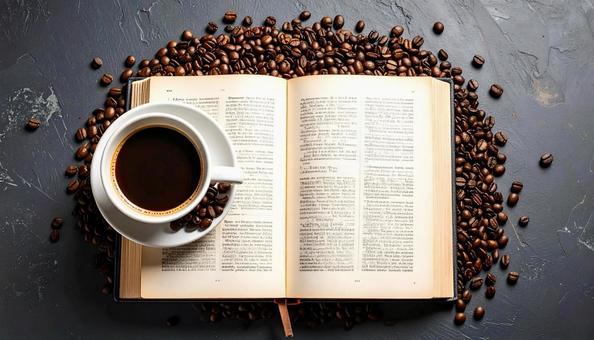 コーヒーと開いたフランス語の辞書 コーヒーと開いたフランス語の辞書の写真