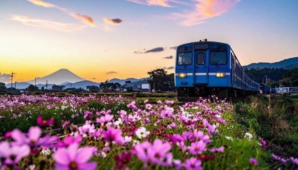 コスモス畑の中を走るブルートレインの旅の写真