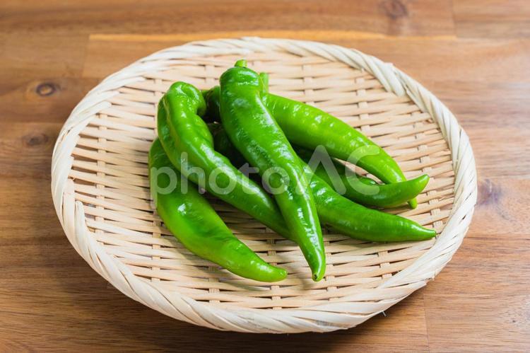 万願寺とうがらし竹ざる盛り 万願寺とうがらし,青唐辛子,野菜の写真素材