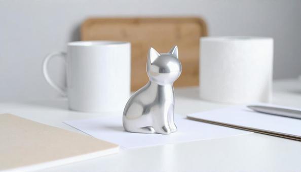 猫のオブジェとコーヒー 猫のオブジェとコーヒーの写真