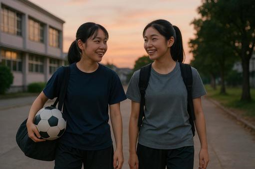 下校中に並んで歩く女子サッカー部員 下校中に並んで歩く女子サッカー部員の写真