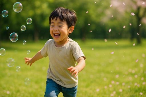 公園でシャボン玉を追いかける笑顔の子供 公園でシャボン玉を追いかける笑顔の子供の写真