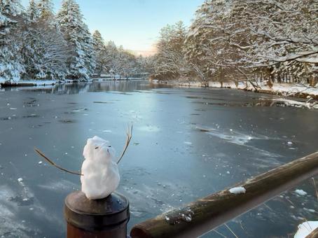 雪だるまと冬の雲場池 雪だるま,冬,雪の写真素材
