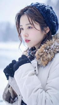 雪山の中の女性の横顔 寒そう 真冬 雪山の中の女性の横顔 寒そう 真冬の写真
