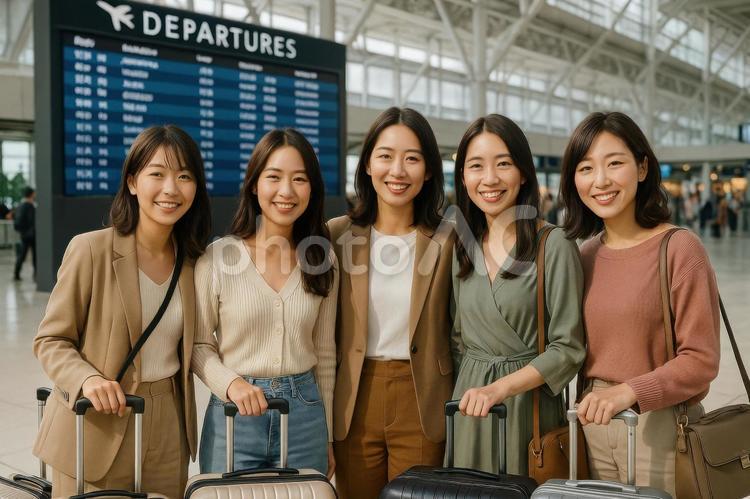 出発前に集合写真を撮る日本人女性グループ 空港,女性,日本人の写真素材