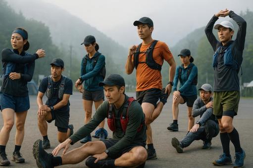 朝の集合場所でストレッチする参加者 朝の集合場所でストレッチする参加者の写真
