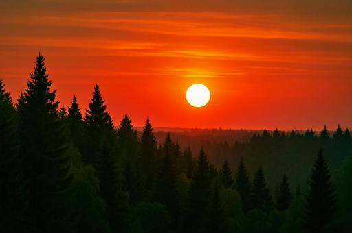 森に沈む真紅の夕日の写真