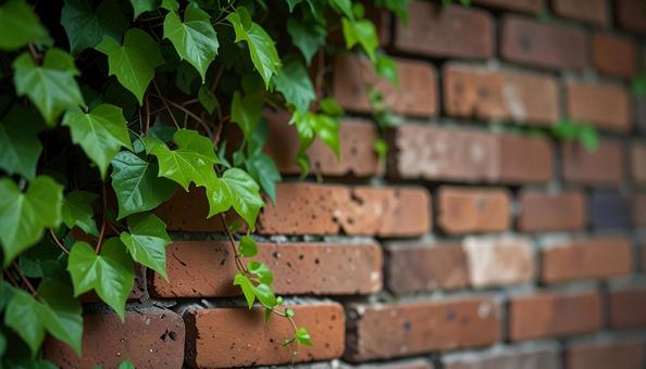 ツタが這うノスタルジックな煉瓦の壁の写真