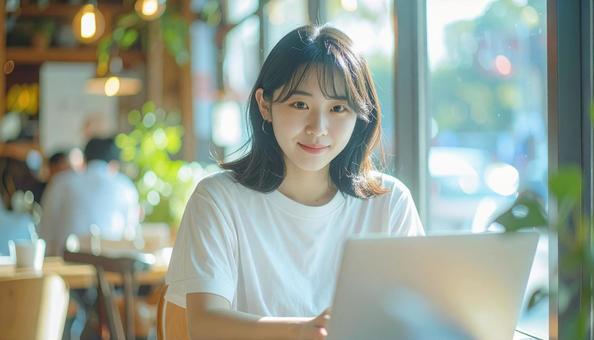 カフェでノートパソコンを使う日本人女性 カフェでノートパソコンを使う日本人女性の写真
