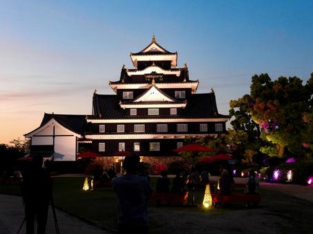 ライトアップされた岡山城天守閣 ライトアップされた岡山城天守閣 岡山城,ライトアップ,夜の写真素材