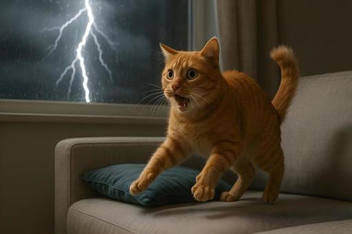 雷に驚く猫の写真