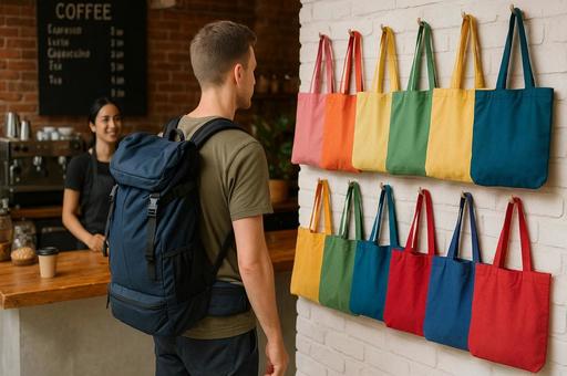 カラフルなトートバッグ展示の写真