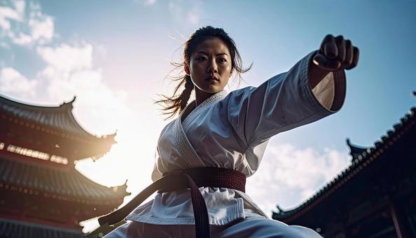 空手の型をとる若い女性 空手の型をとる若い女性の写真