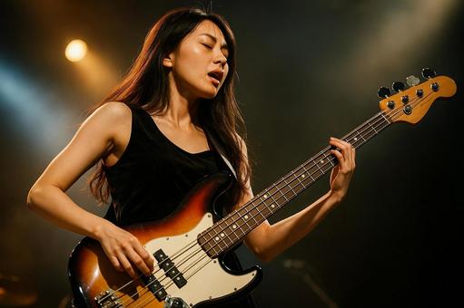ライブで感情を込めてベースを弾く女性の写真