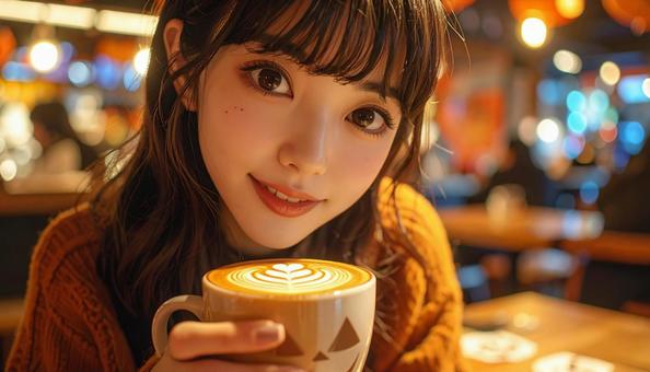 ハロウィンの飾り付けのカフェを楽しむ女性 ハロウィンの飾り付けのカフェを楽しむ女性の写真