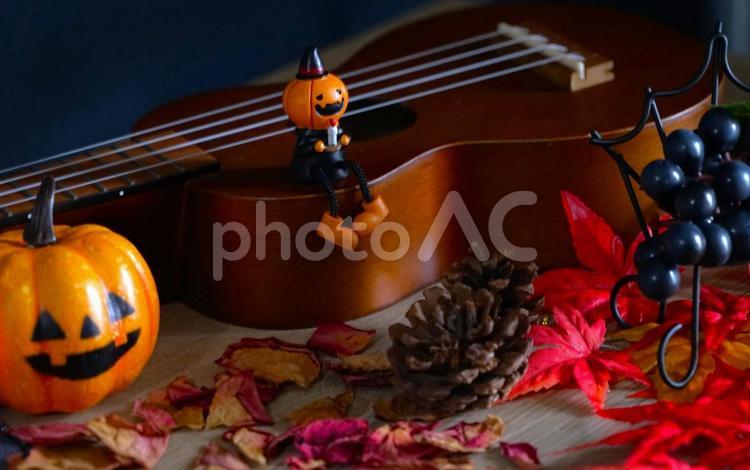 ウクレレ、ハロウィン①（ダーク） ハロウィン,ウクレレ,かぼちゃのお化けの写真素材