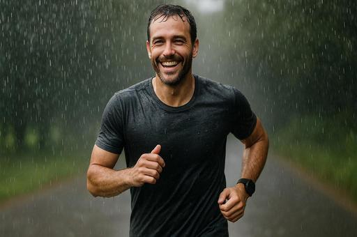 雨の中を走る笑顔のランナー 雨の中を走る笑顔のランナーの写真