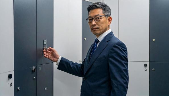 ロッカーとスーツのサラリーマンの写真