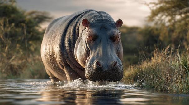 水辺を進む巨大なカバの迫力ある姿 水辺を進む巨大なカバの迫力ある姿の写真