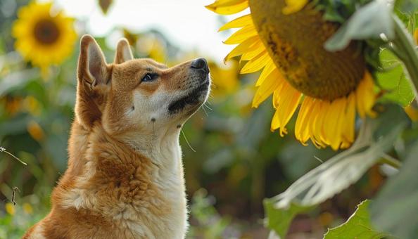 柴犬と向日葵 柴犬と向日葵の写真