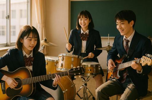 教室で練習をする軽音楽部の生徒たち 教室で練習をする軽音楽部の生徒たちの写真