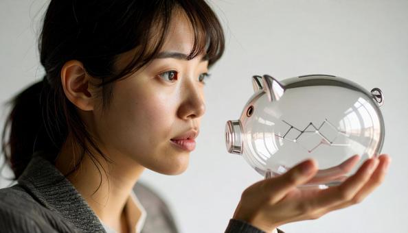 投資か貯金、どちらがいいか悩む若い女性 投資か貯金、どちらがいいか悩む若い女性の写真