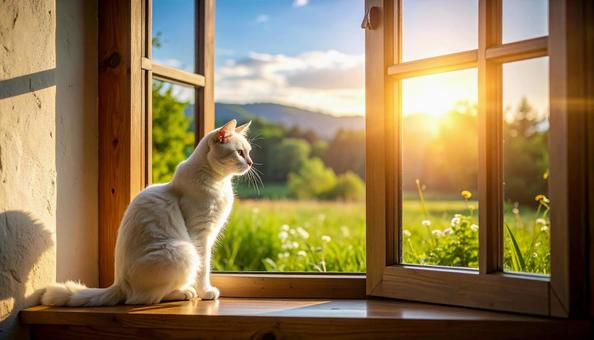 窓辺で外を眺める白い猫 窓辺で外を眺める白い猫の写真