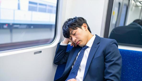 電車の中で爆睡する会社員の男性 電車の中で爆睡する会社員の男性の写真