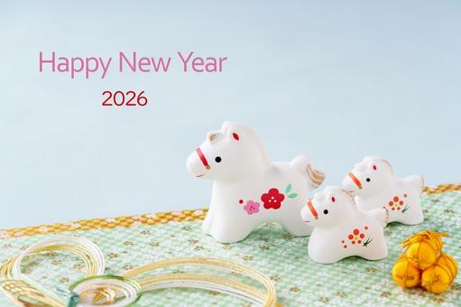 午年の年賀状素材｜親子ブルー背景文字入り 年賀状,2026,午の写真素材