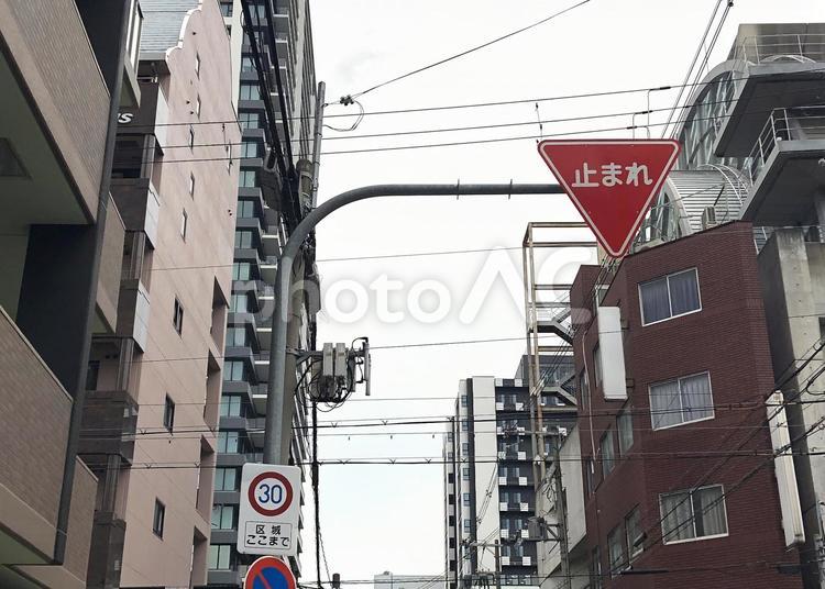 都会のビルと標識 都会,標識,雑居ビルの写真素材
