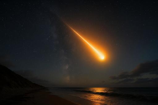 夜の海に降り注ぐオレンジ色の火球 夜の海に降り注ぐオレンジ色の火球の写真