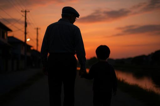 夕暮れ散歩の祖父と孫 夕暮れ散歩の祖父と孫の写真