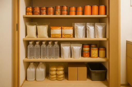 棚に収納された備蓄食品 棚に収納された備蓄食品の写真