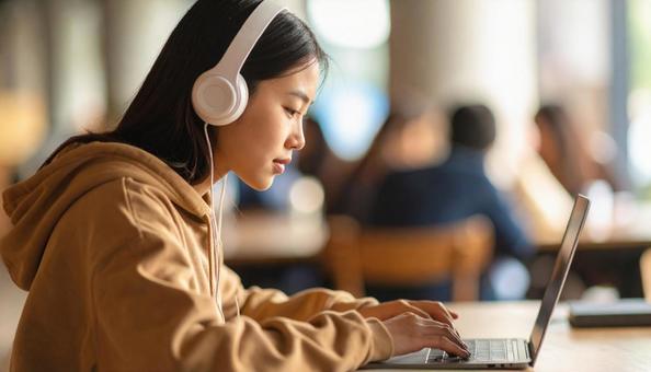 お気に入りの音楽を聴きながら勉強する女性の写真