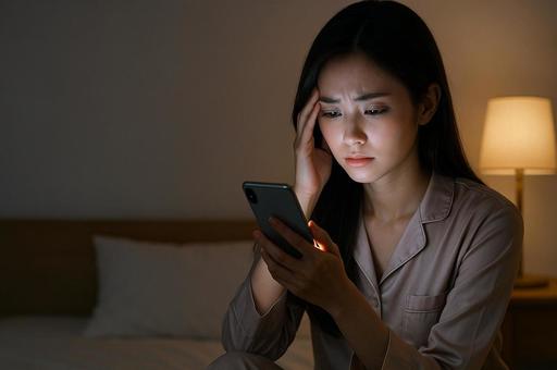 寝る前にスマホを見て悩む女性 寝る前にスマホを見て悩む女性の写真