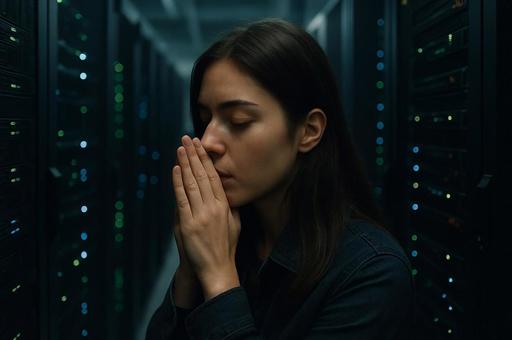 祈る女性とサーバールーム 祈る女性とサーバールームの写真